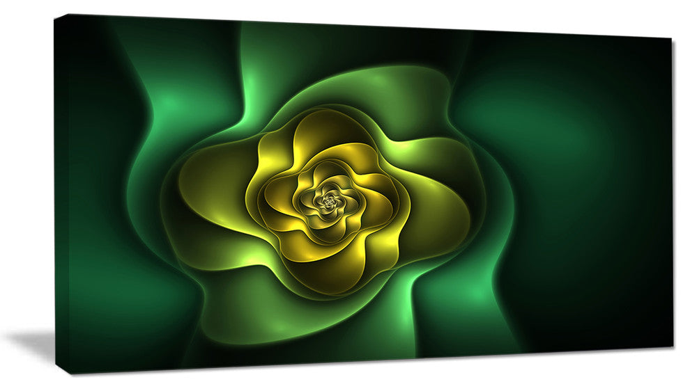 Fractal Green Flower on Black, Floral Canvas Art Print, 32"x16"