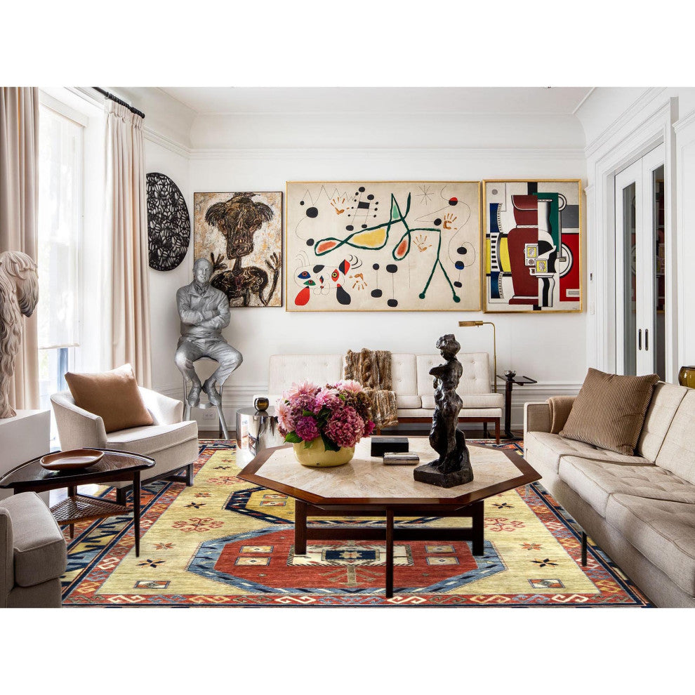Green Soft Wool Hand Knotted Armenian Inspired Design 200 KPSI Rug, 10'2"x13'6"