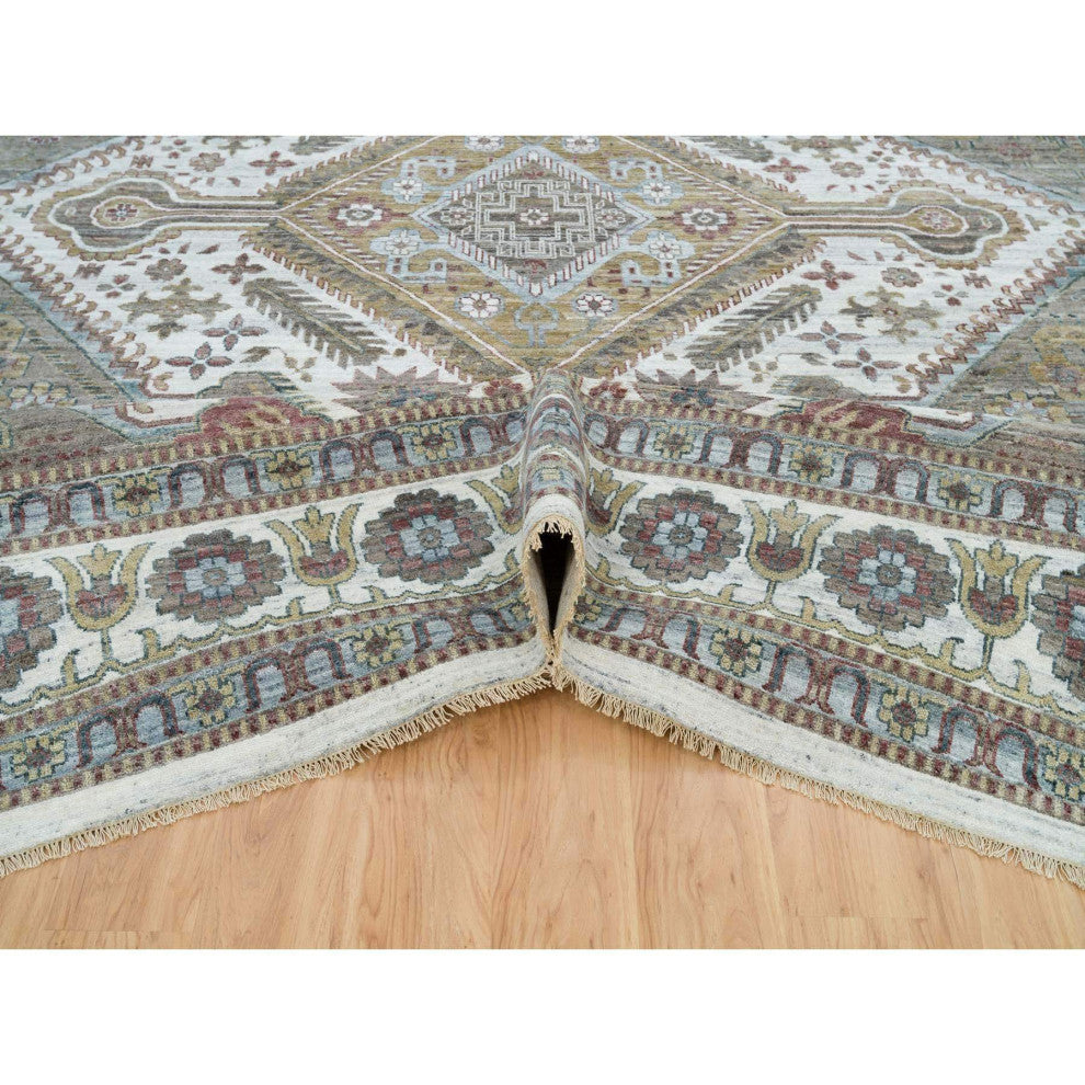 Pearl White Hand Knotted Unique Flower Rosettes Border Oversized Rug 13'8"x17'9"