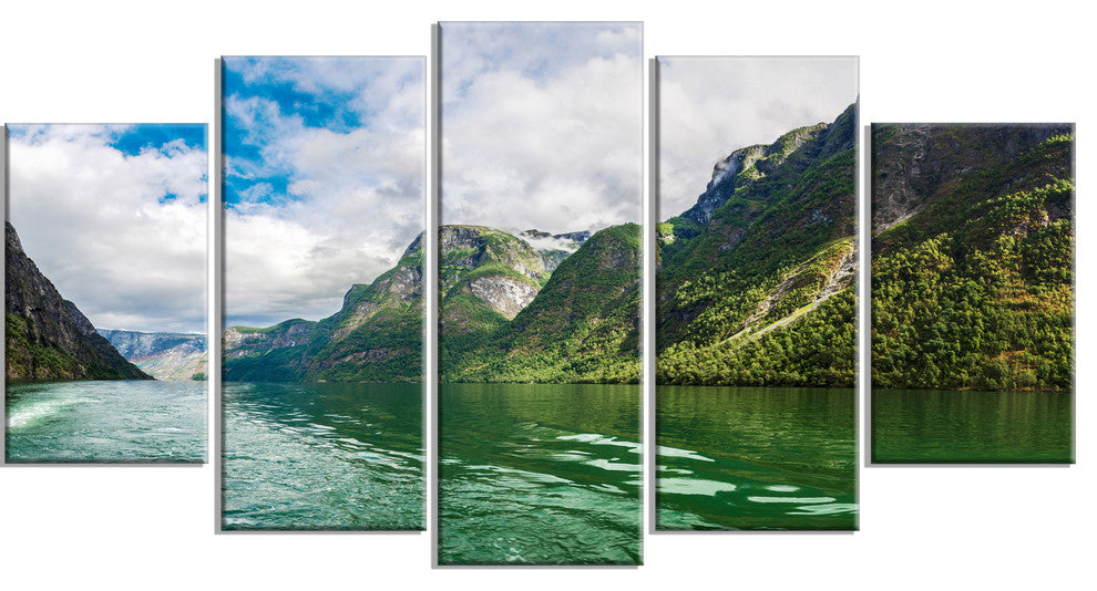 Green Lake Sognefjord Norway, Landscape Canvas Art Print, 60"x32", 5 Panels