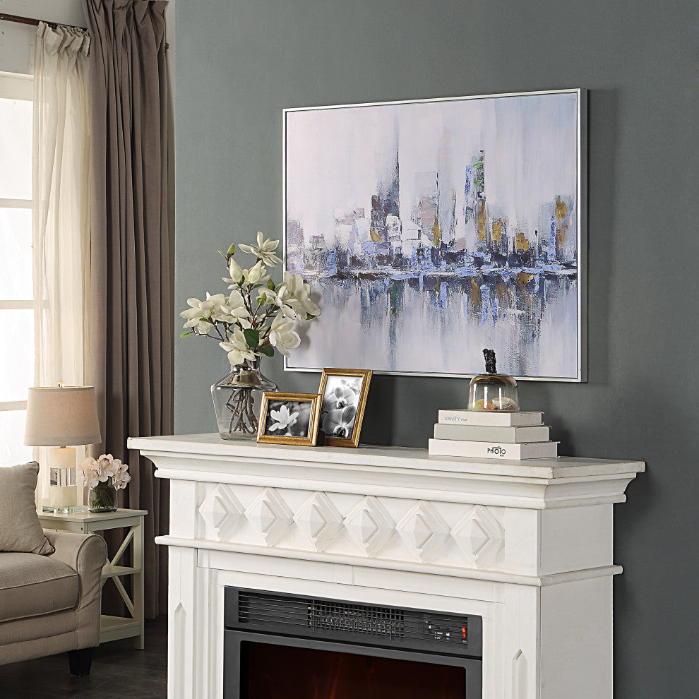 Cityscape Abstract Wall Art 24x32 With Silver Frame, Teal