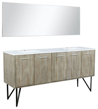 Lancy 72" Rustic Acacia DB Vanity, White Quartz Top, Square Sinks, 70" Mirror