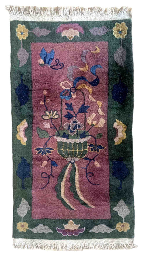 Handmade antique Art Deco Chinese rug 2.1' x 4.2' (64cm x 128cm) 1920s