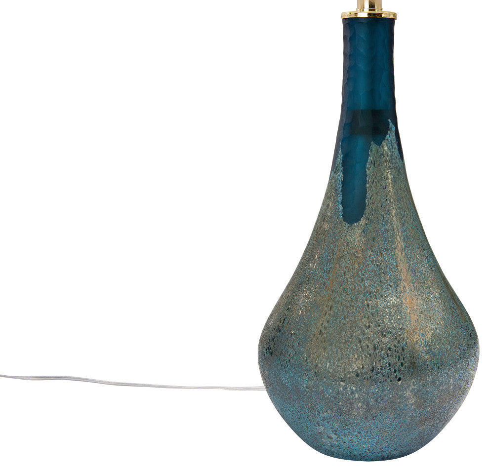 Sculptural Glass Table Lamp with Linen Shade, Set of 2, Blue Opal Glaze
