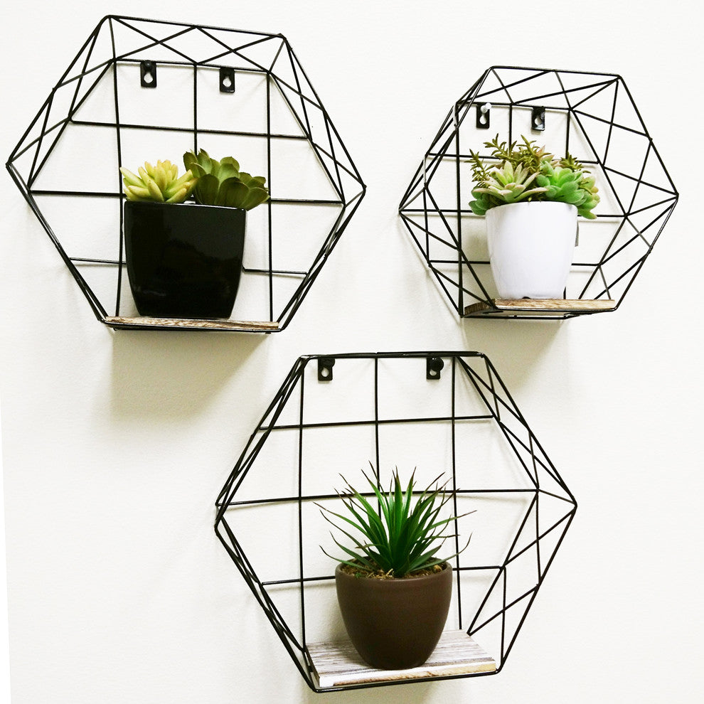 Hexagon Wall-Mounted Hanging Shelves, 3-Piece Set, Black