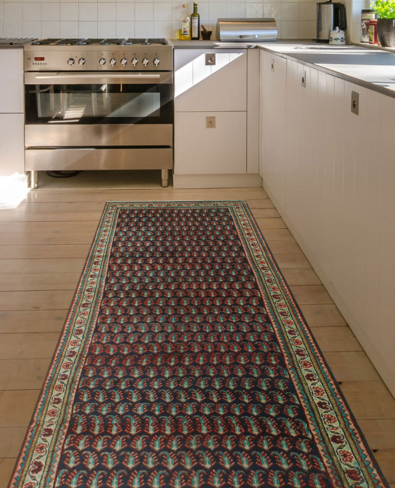 Fine Vintage Distressed Celio Navy/Beige Runner, 3'6x9'10