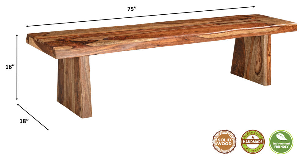 Damian 68" Live Edge Wood Dining Bench, Brown, 75"