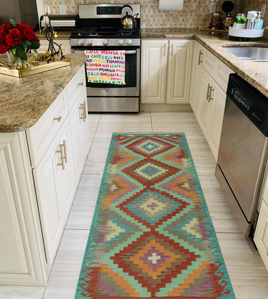 Sangat Kilim Asfar Green/Orange Runner, 2'8x8'0
