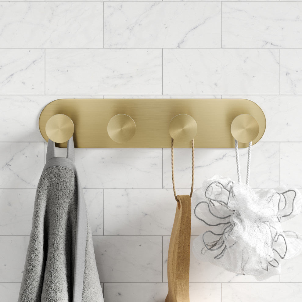 Elie Bathroom Robe and Towel 4-Hooks Rack, Brushed Gold