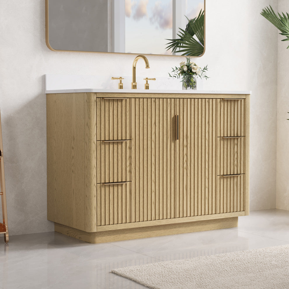 Solid Wood Freestanding Bathroom Vanity with White Quartz Top and Backsplash, 48"
