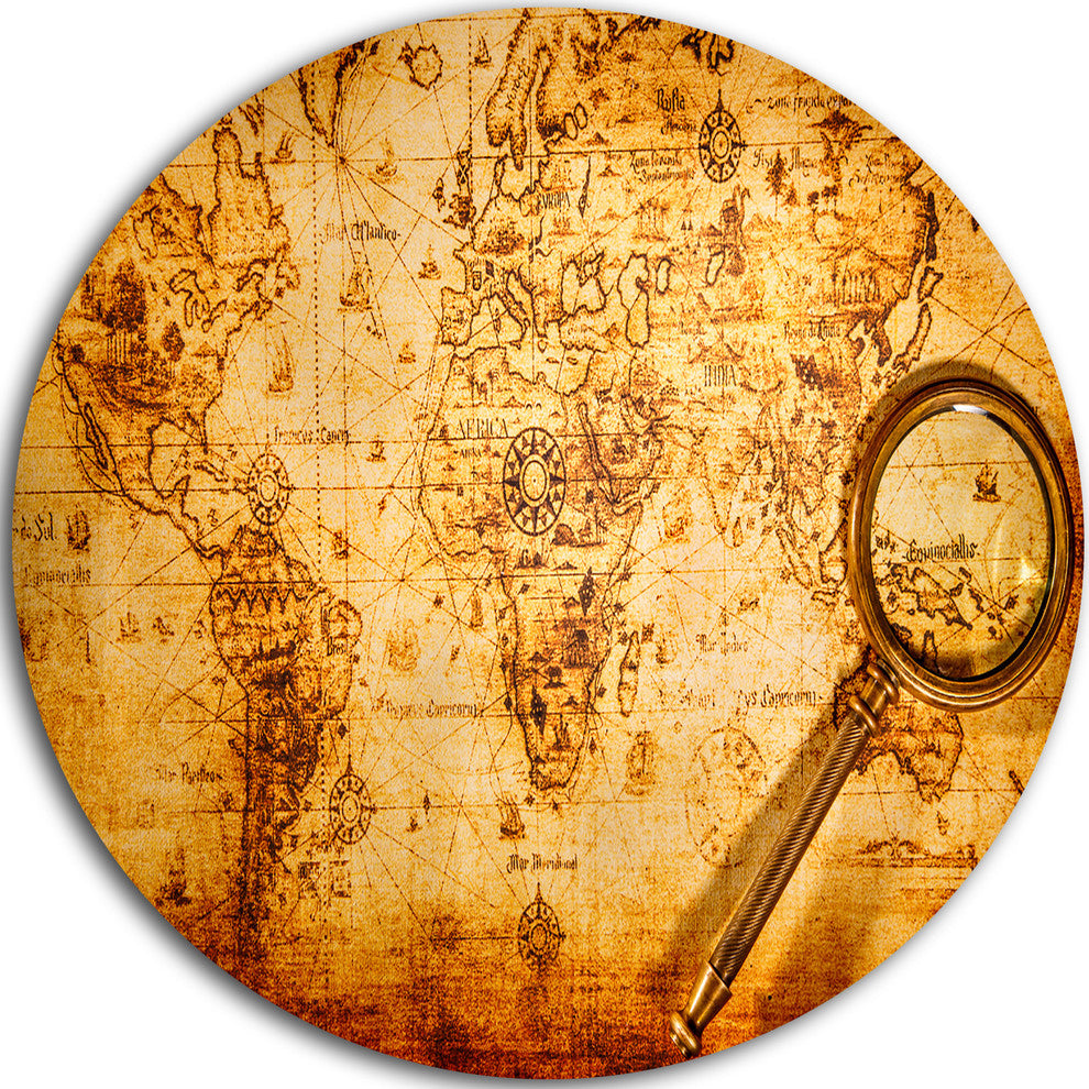 Magnifying Glass On World Map, Digital Round Wall Art, 23"