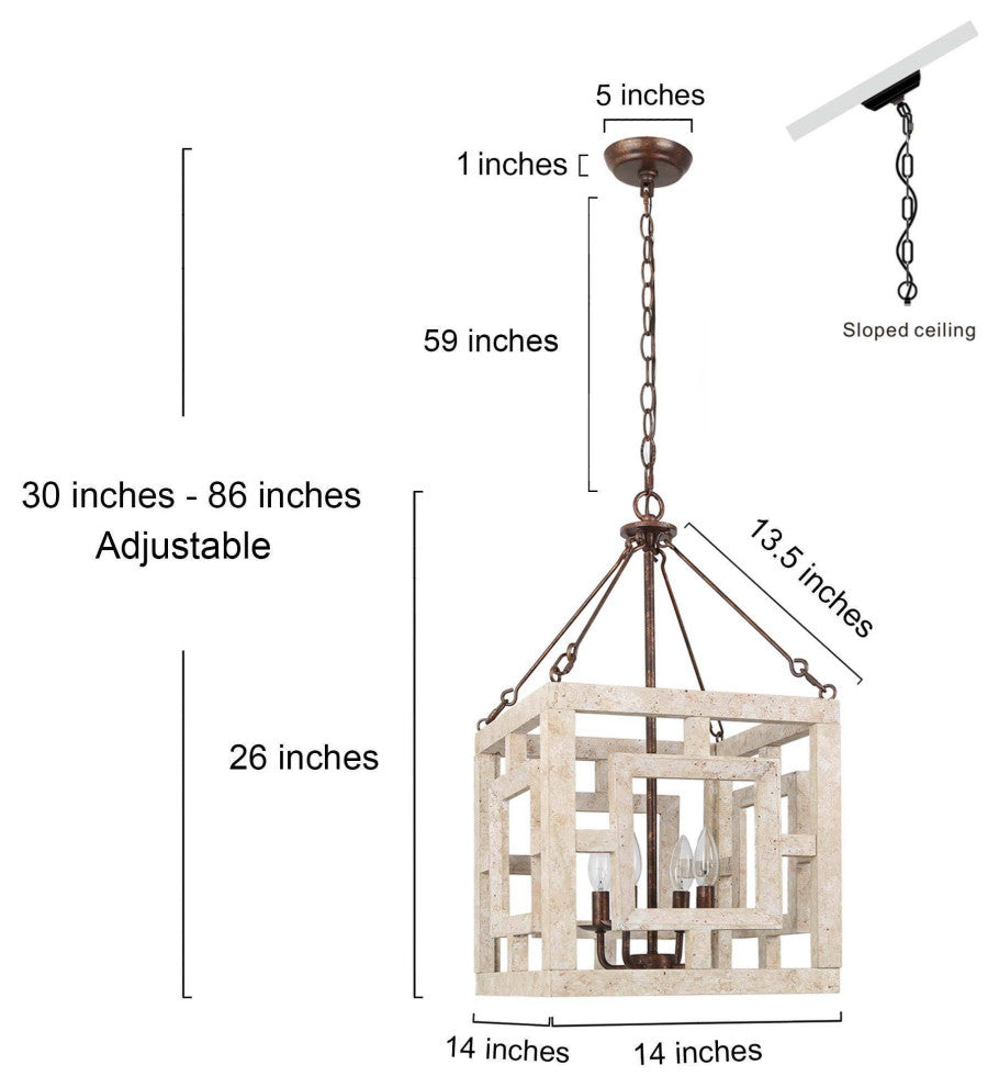 LNC Farmhouse 4-Light Bronze/Off-White Sqaure Wood Chandelier