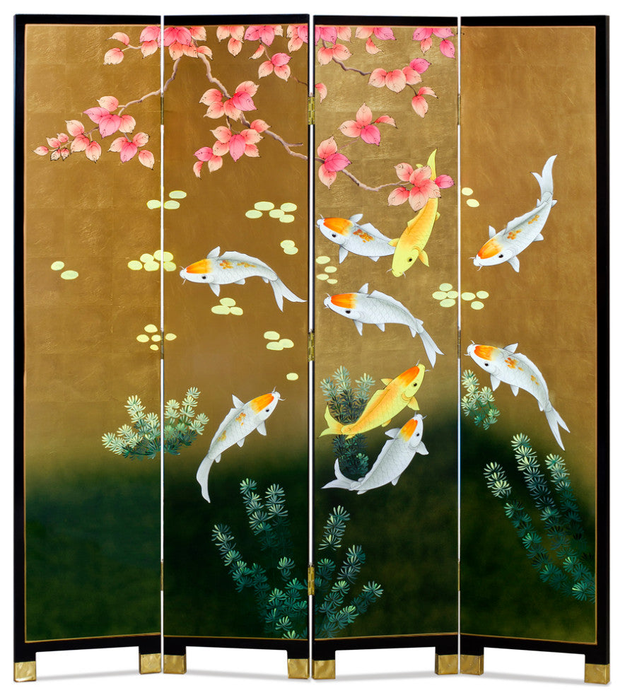 Gold Leaf Koi Fish Asian Floor Screen