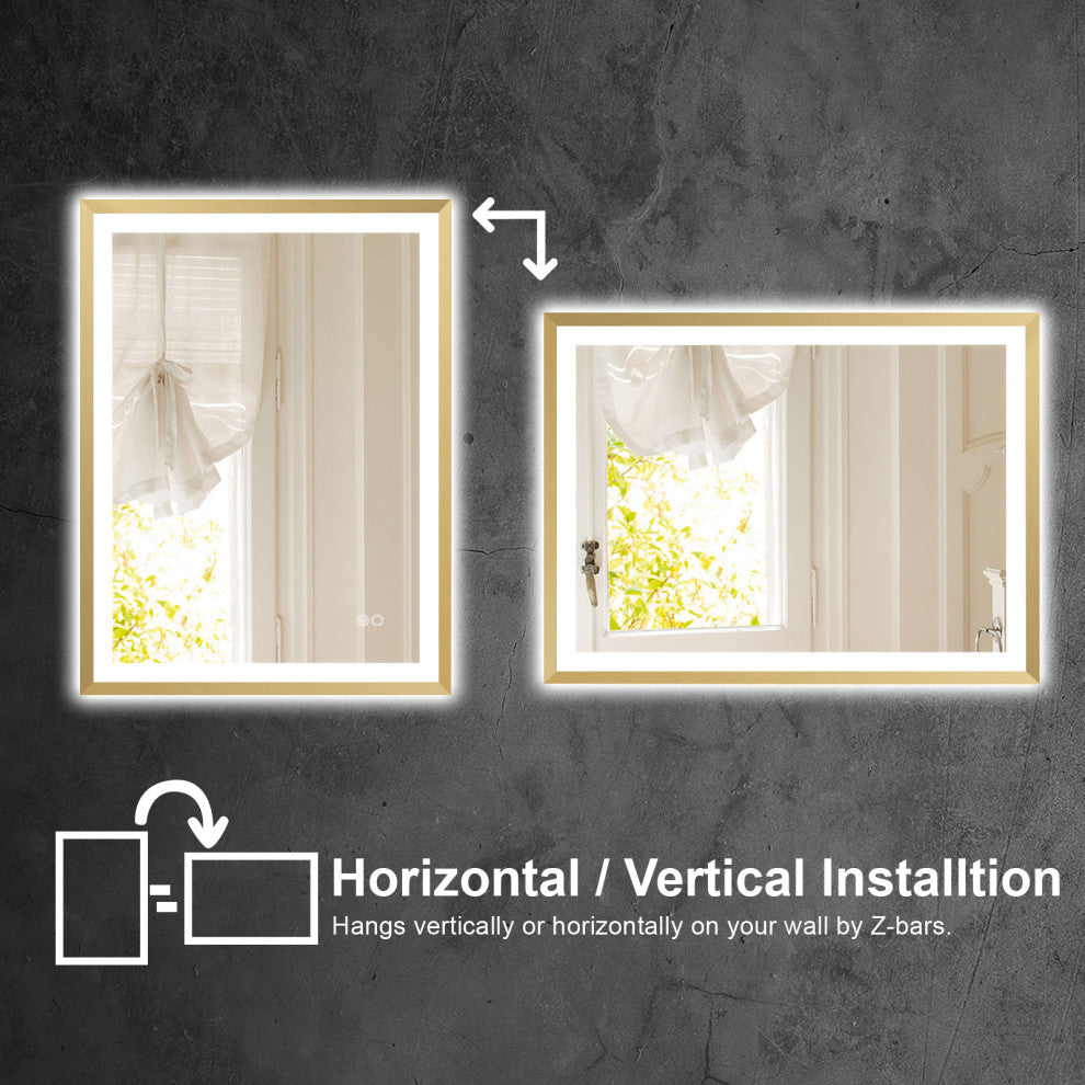 Beveled Bathroom LED Mirror Framed, Backlit and Front Light, Gold, 24"x32"