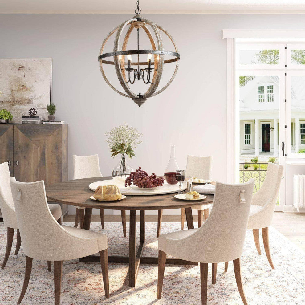 LALUZ 27-in 6-Light Distressed Gray Wood Globe Farmhouse Chandelier