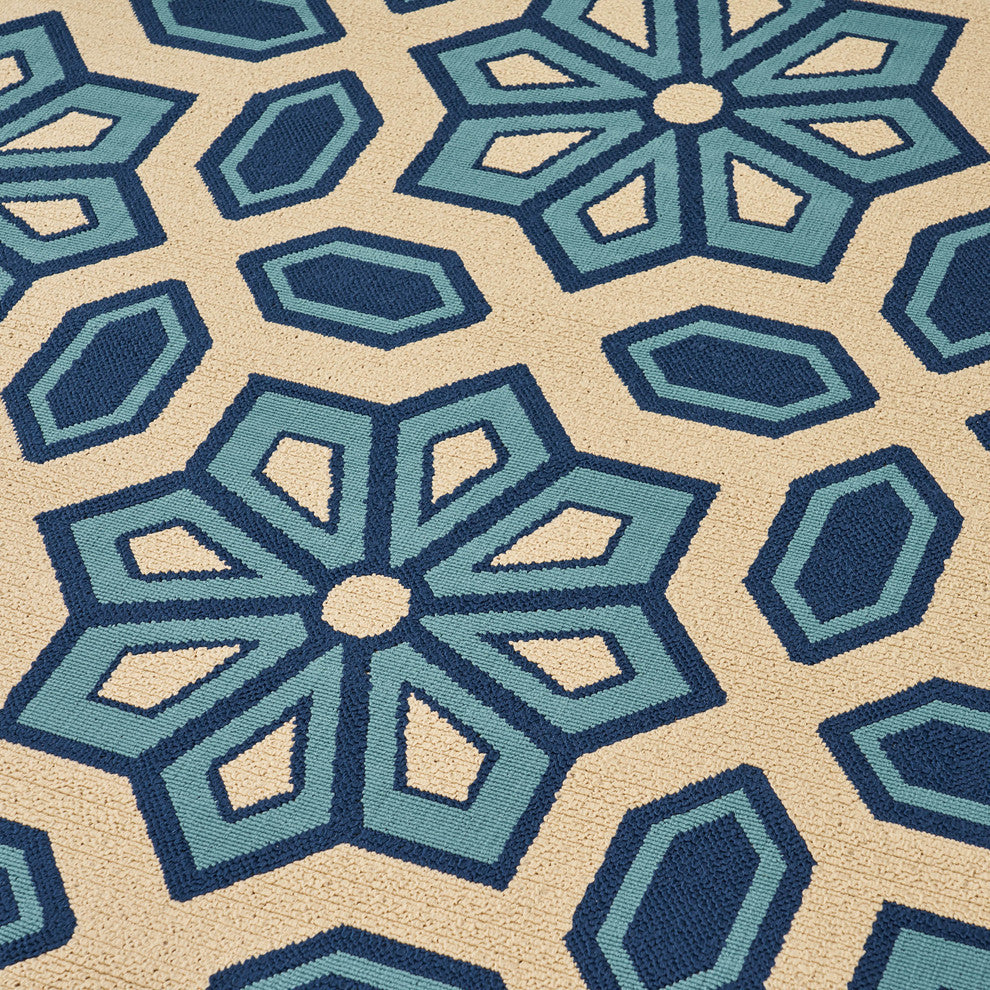 GDF Studio Jacobs Outdoor Geometric  Area Rug, Ivory and Blue, 8'x11'