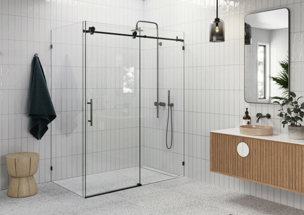 60"-64"x34"x78" Frameless Sliding Shower Door With Return Panel, Matte Black