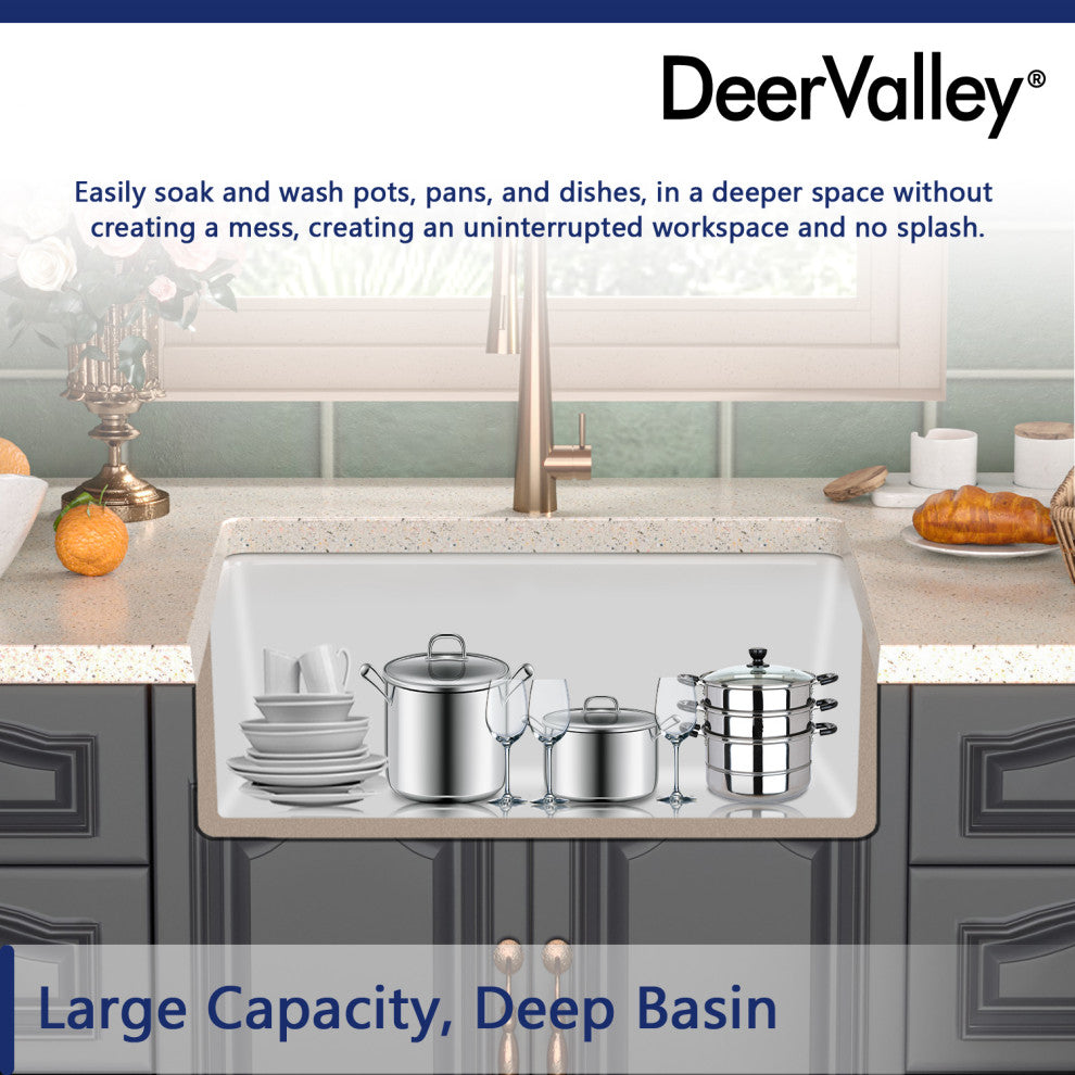 32"L x 19"W Undermount Fireclay Kitchen Sink with Sink Grid and Basket Strainer