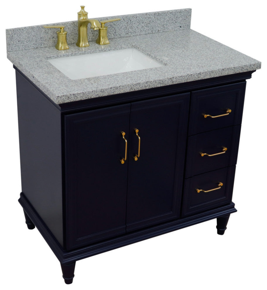 37" Single Vanity, Blue Finish With Gray Granite