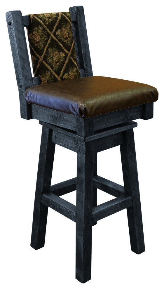 Barnwood Style Timber Peg Swivel Upholstered Barstool, Smokey Gray, Black Pine Cone and Quarter Espresso, Bar Height