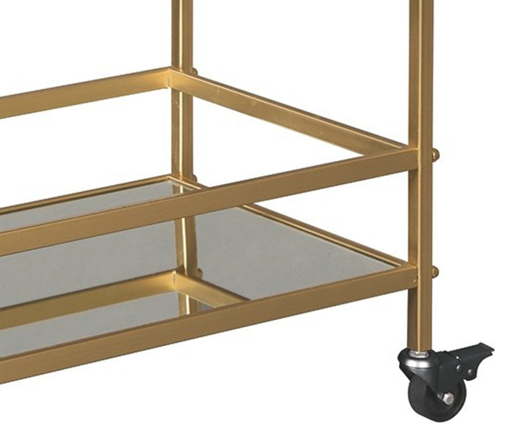 Benzara BM231915 Metal Frame Bar Cart With 2 Mirrored Shelves, Gold