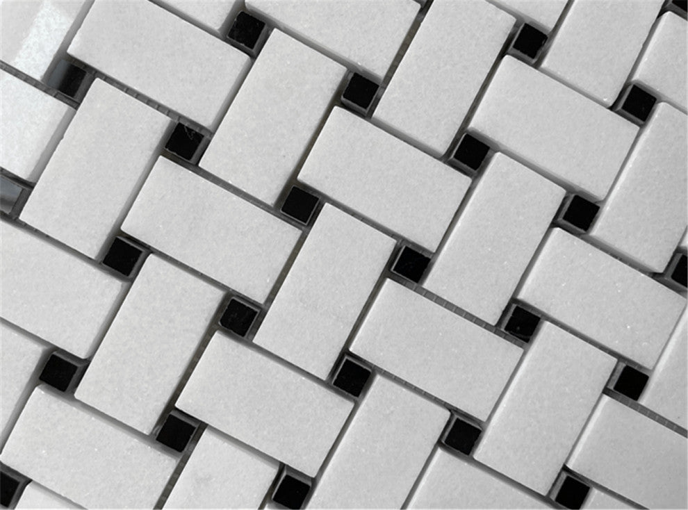 Thassos White Marble Basketweave Mosaic Vintage Bathroom Tile Polished, 1 sheet