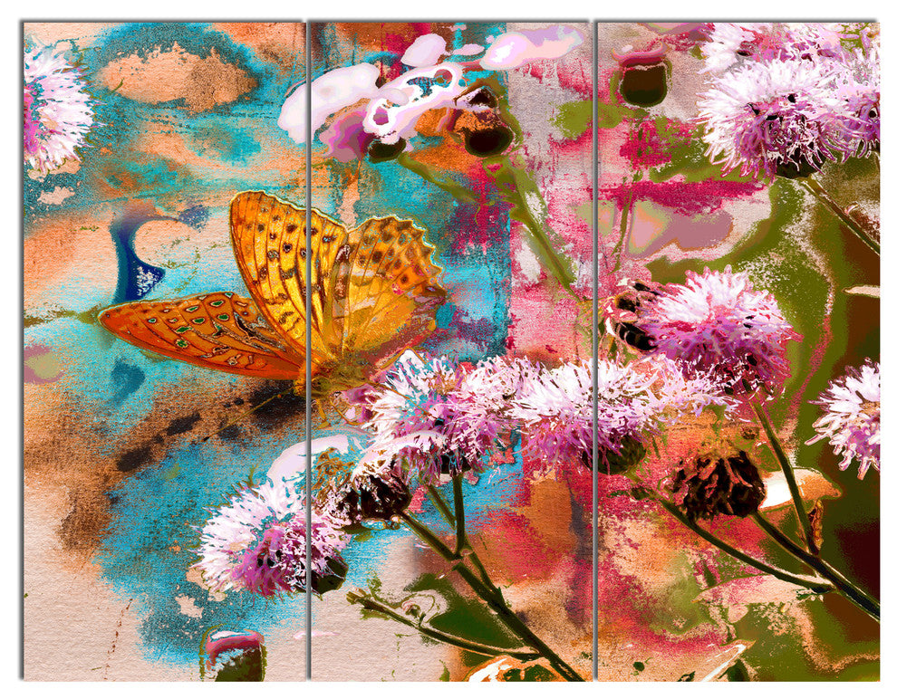Yellow Butterfly on Thistle Flowers, Floral Art Canvas Print, 36x28, 3 Panels