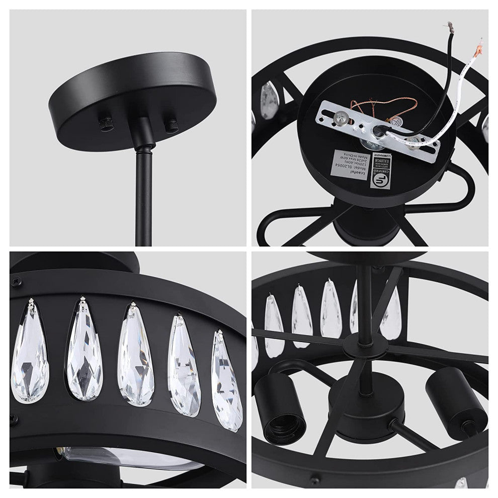 2 Light Semi Flush Ceiling Light, Crystal, Industrial Ceiling Lamp