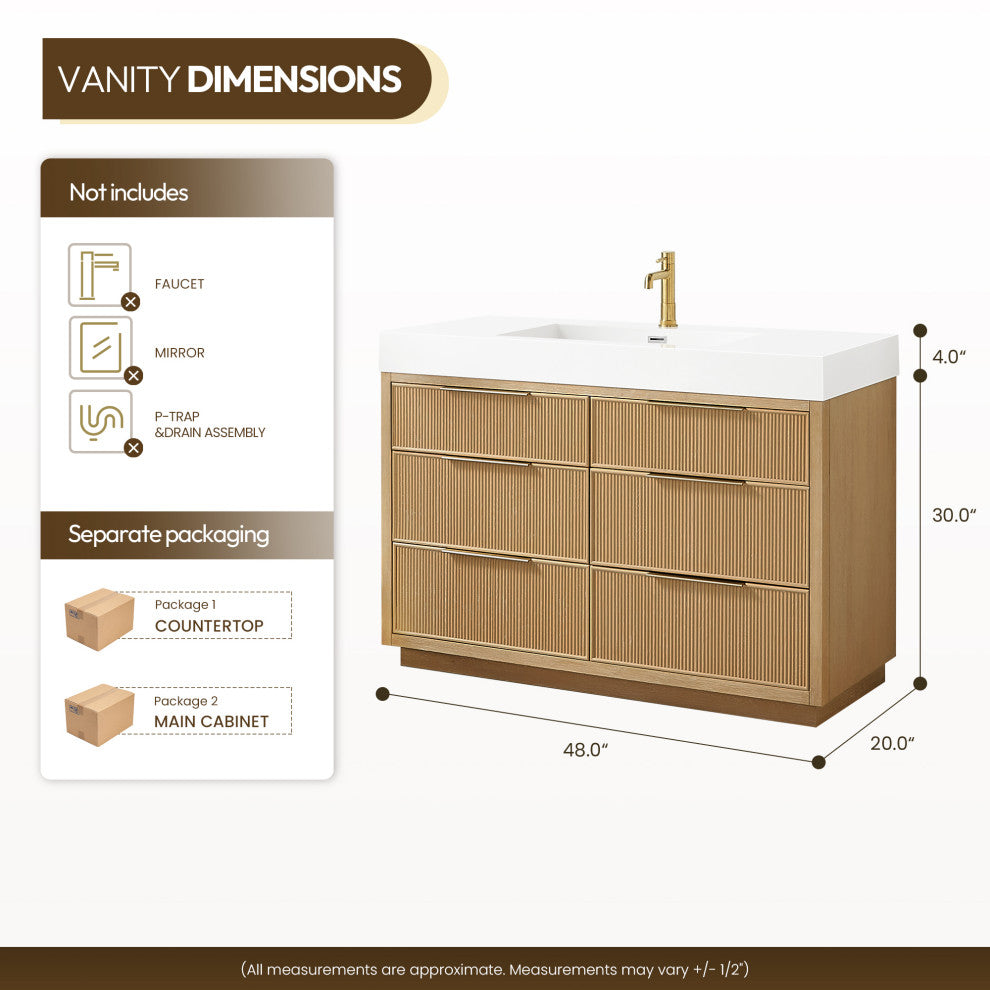Hohhot Bath Vanity, Stone Sink Top No Mirror, Washed Ash Gray, 48", Single Vanity