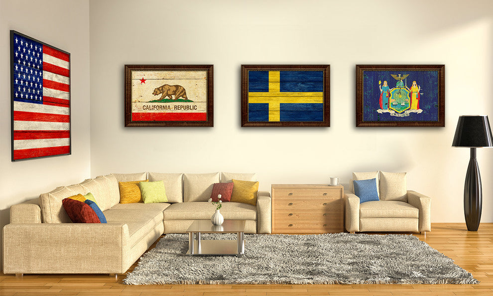 Sweden Country Textured Flag Print With Brown Gold Frame, 15"X21"