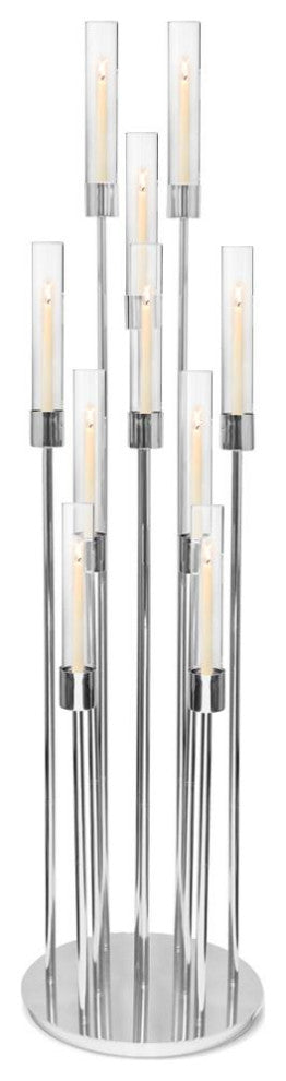 Large Metal Floor Standing Multi-Stem Candle Holder Display, Silver, 10 Stems