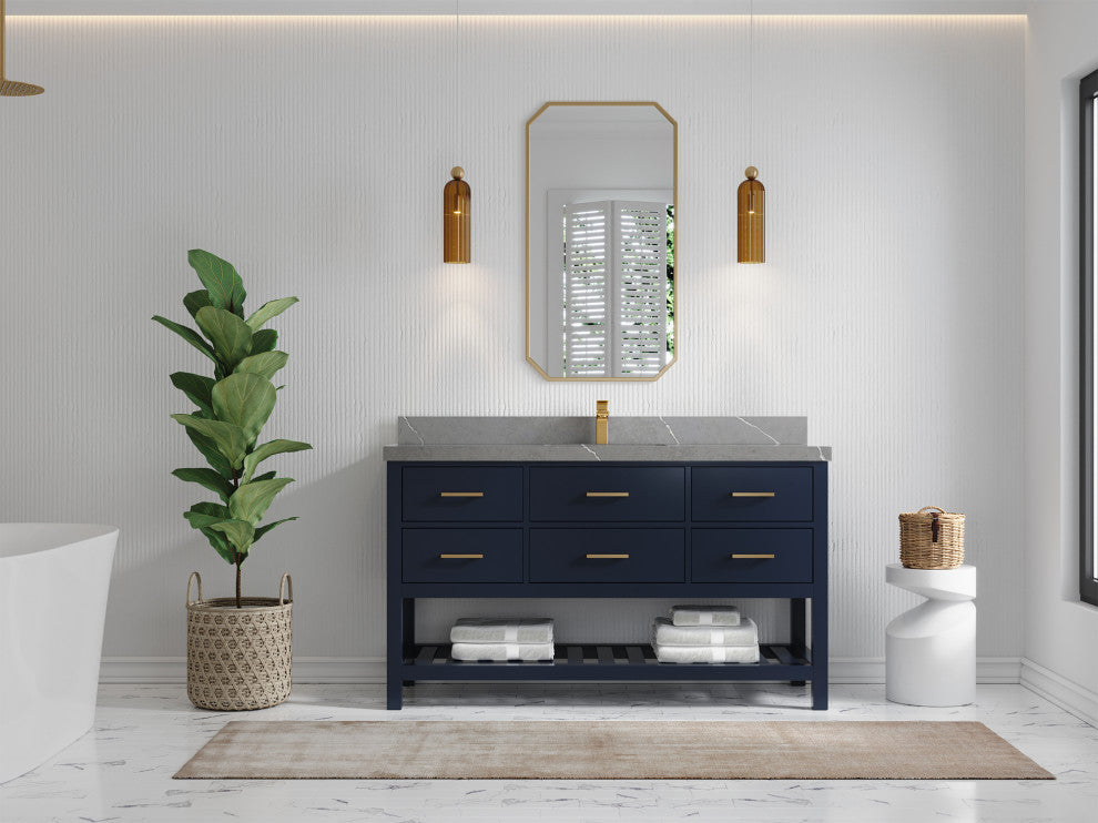 Parker 60 Single Sink Bathroom Vanity in Navy Blue  2" Piatra Gray