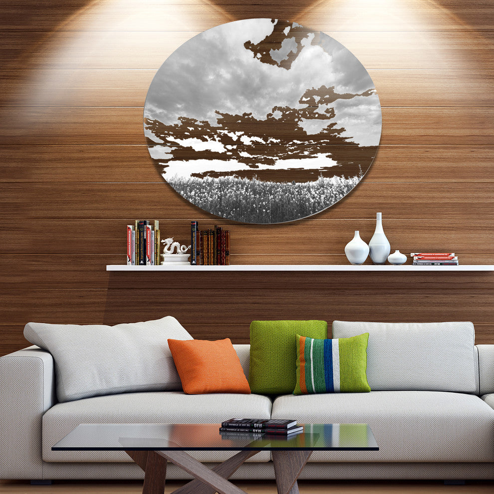 Rapeseed Garden In Black And White, Landscape Disc Metal Wall Art, 11"