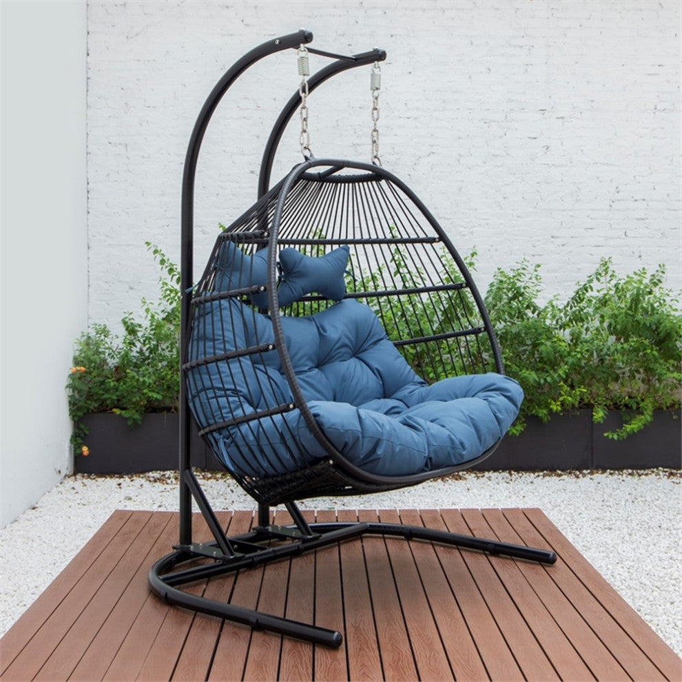 LeisureMod Wicker 2 Person Double Folding Hanging Egg Swing Chair in Navy Blue