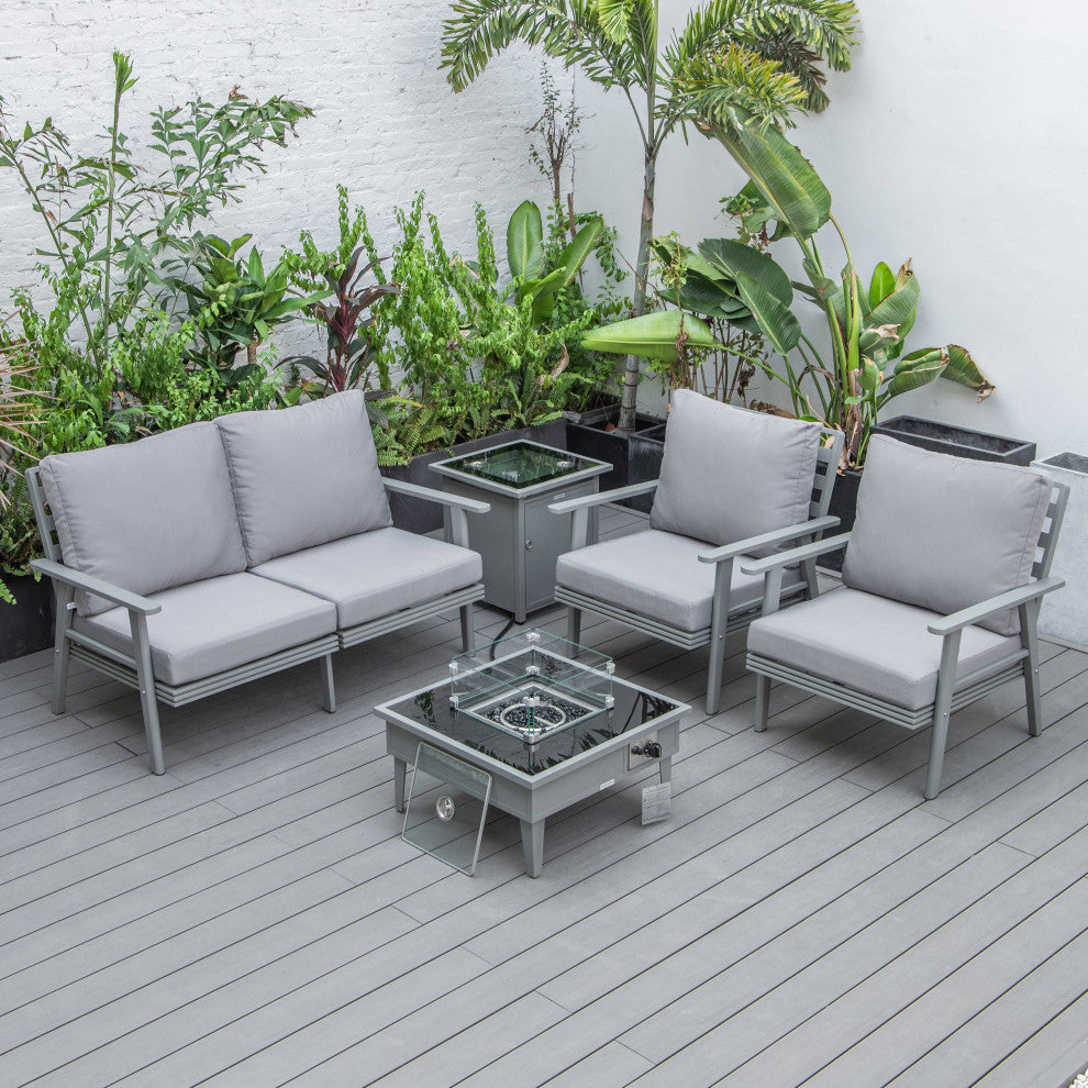 LeisureMod Walbrooke Grey Patio Sofa Set With Square Fire Pit Table, Grey