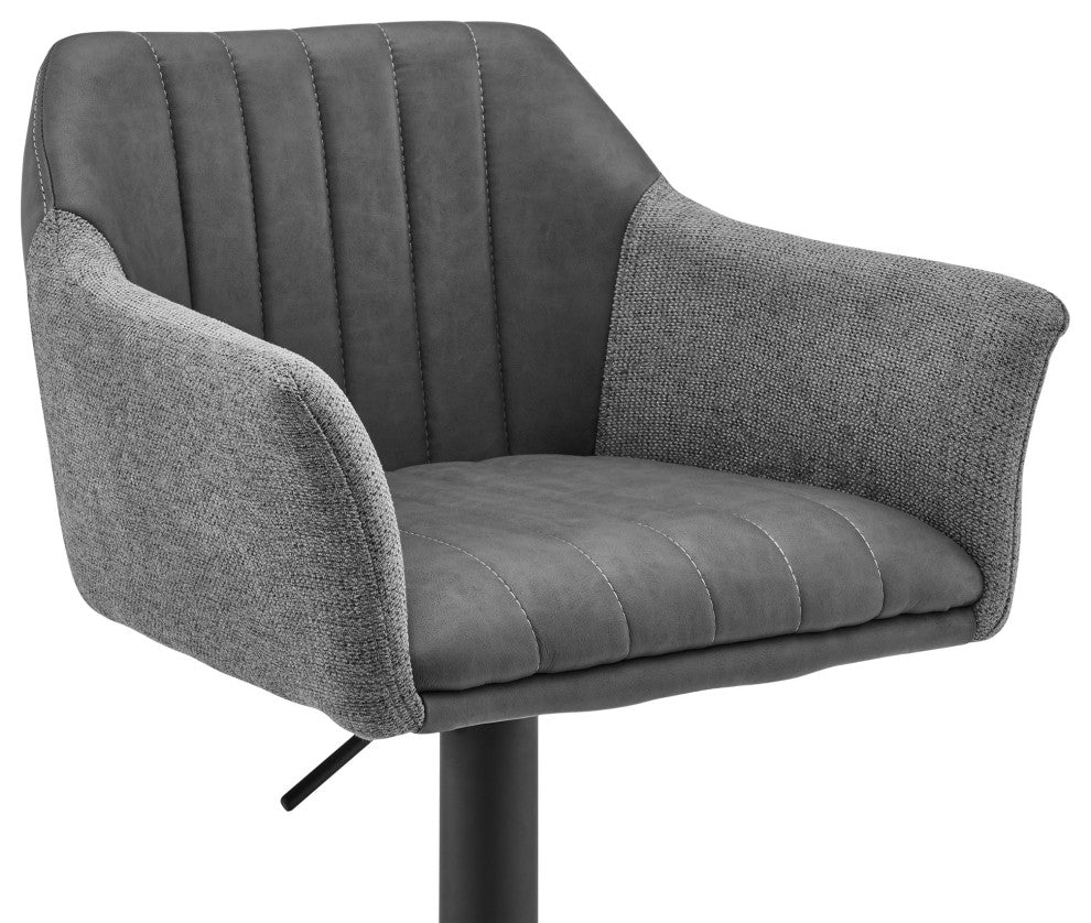 Erin Adjustable Gray Faux Leather and Fabric Metal Swivel Bar Stool