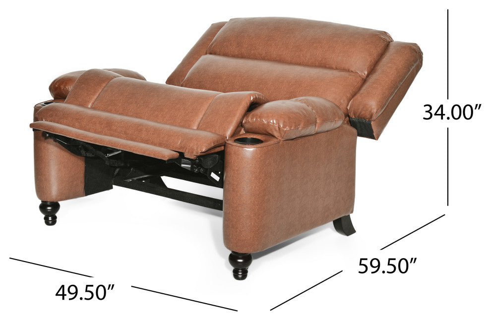 Upham Faux Leather Oversized Pushback Recliner, Cognac Brown/Espresso