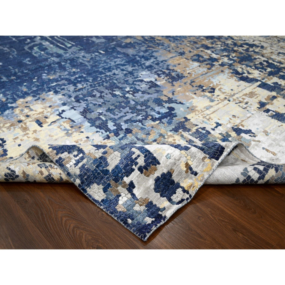 Blue, Mosaic Design, Wool and Silk, Hand Knotted, Oversized Rug, 13'9"x17'9"