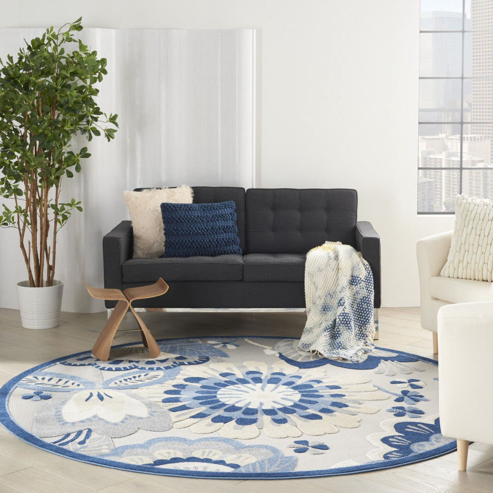 8 Round Blue and Gray Indoor Outdoor Area Rug
