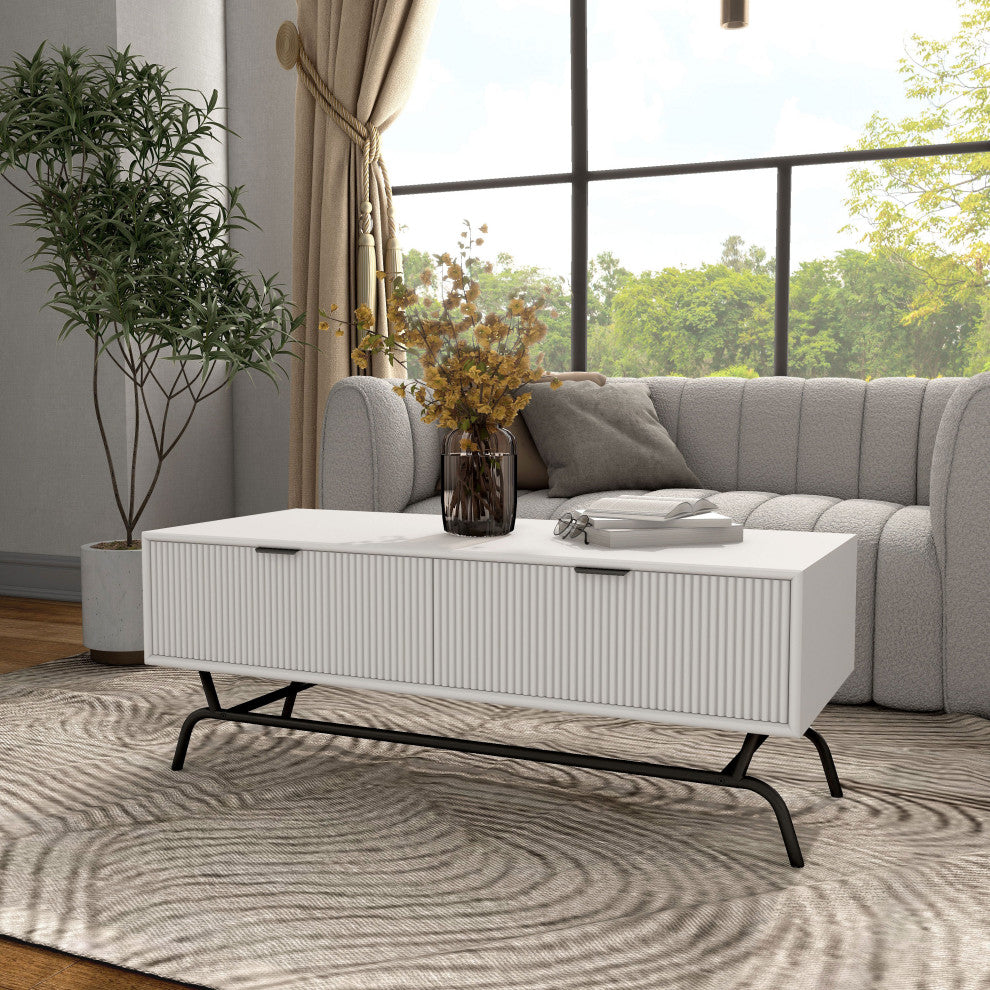 Danel 42 in. Rectangle Coffee Table With 2-Drawers and Metal Legs, White