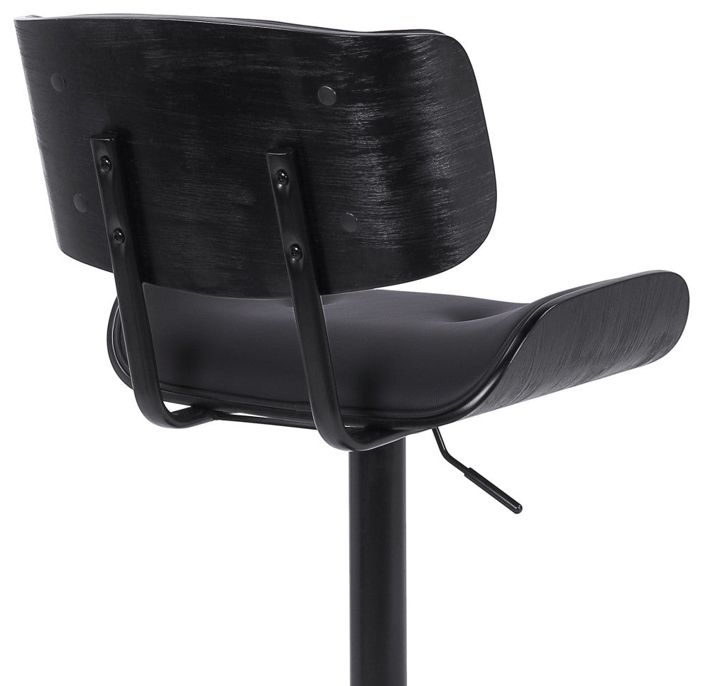Adjustable Black Tufted Faux Leather and Black Wood Swivel Barstool.