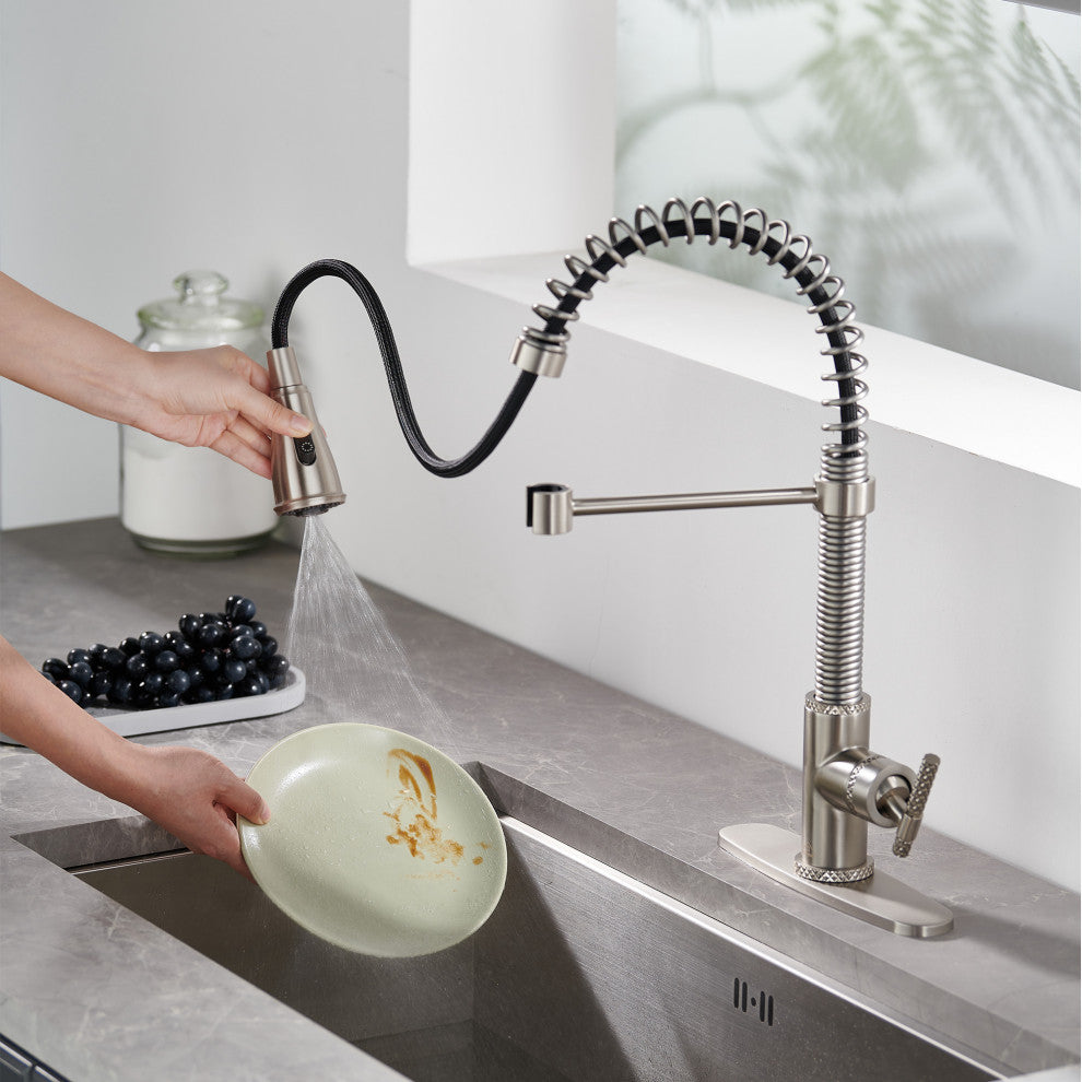 Single Handle Kitchen Faucet Pull-Down Sprayer, 360 Swivel, Three Functions, Brushed Nickel