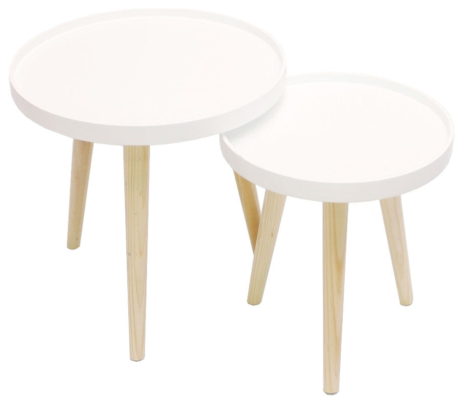 2 Tone Wood 3-Leg Round Tray-top Side Tables, 2 Piece Set