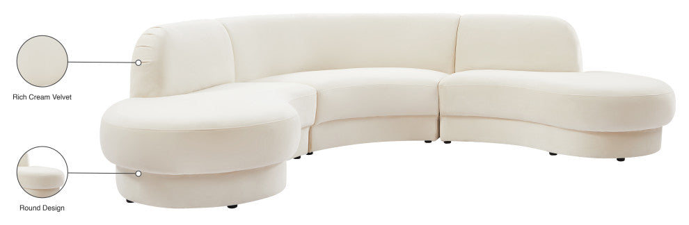 Rosa Velvet Upholstered 3-Piece Sectional, Cream
