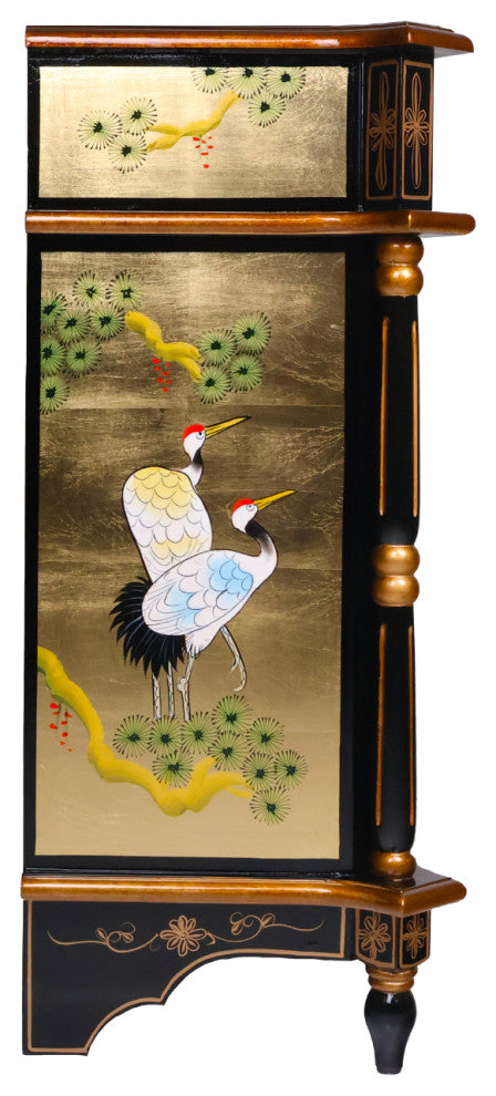 Empire Style Oriental Cabinet, Black lacquer With Gold Leaf Handpainted, 32"