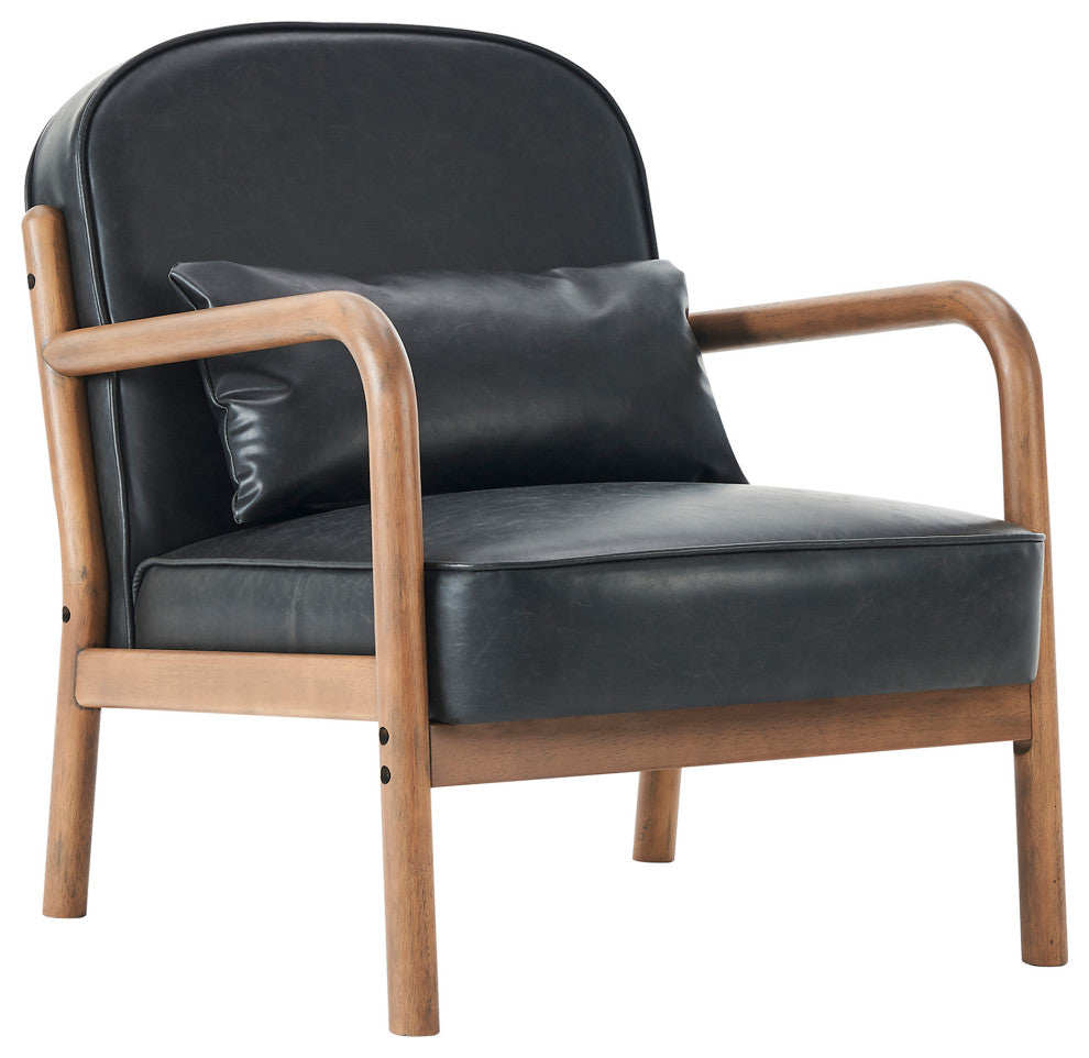Mid-Century Modern Faux Leather/Solid Wood Accent Chair, Black/Walnut