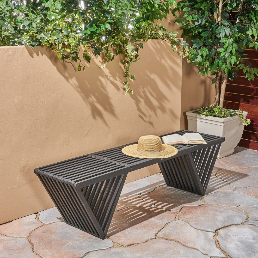 GDF Studio Esme Outdoor Acacia Wood Bench, Dark Gray