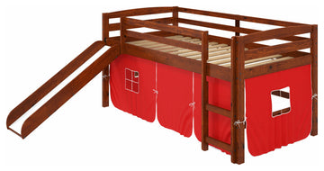 Brown Wooden Red Tent Low Loft Bed With Slide