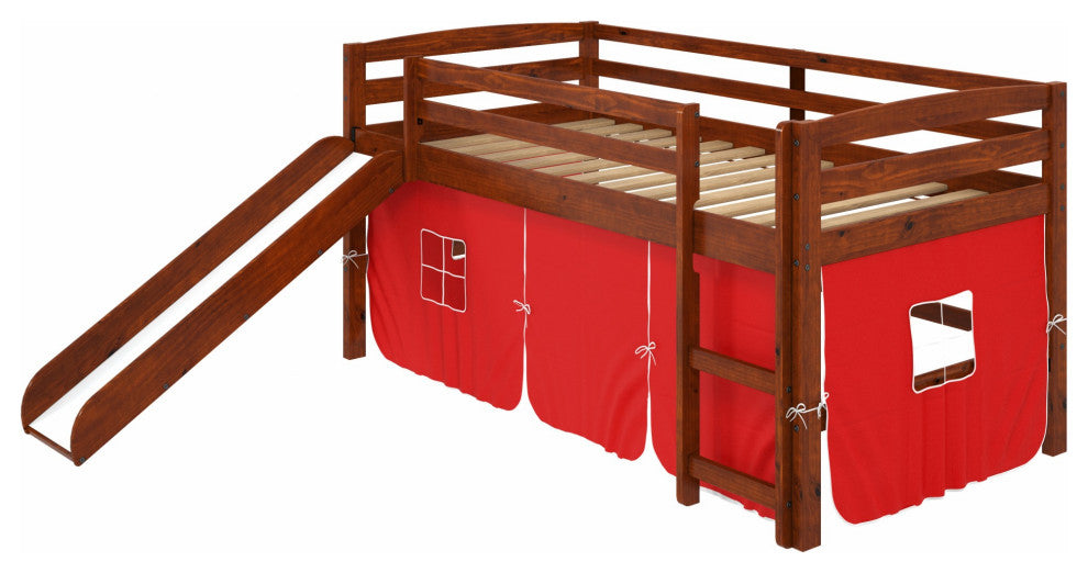 Brown Wooden Red Tent Low Loft Bed With Slide