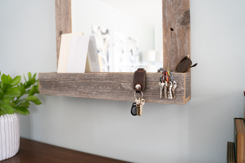 HomeRoots Rustic Weathered Gray Reclaimed Wood Plank Mirror With Shelf